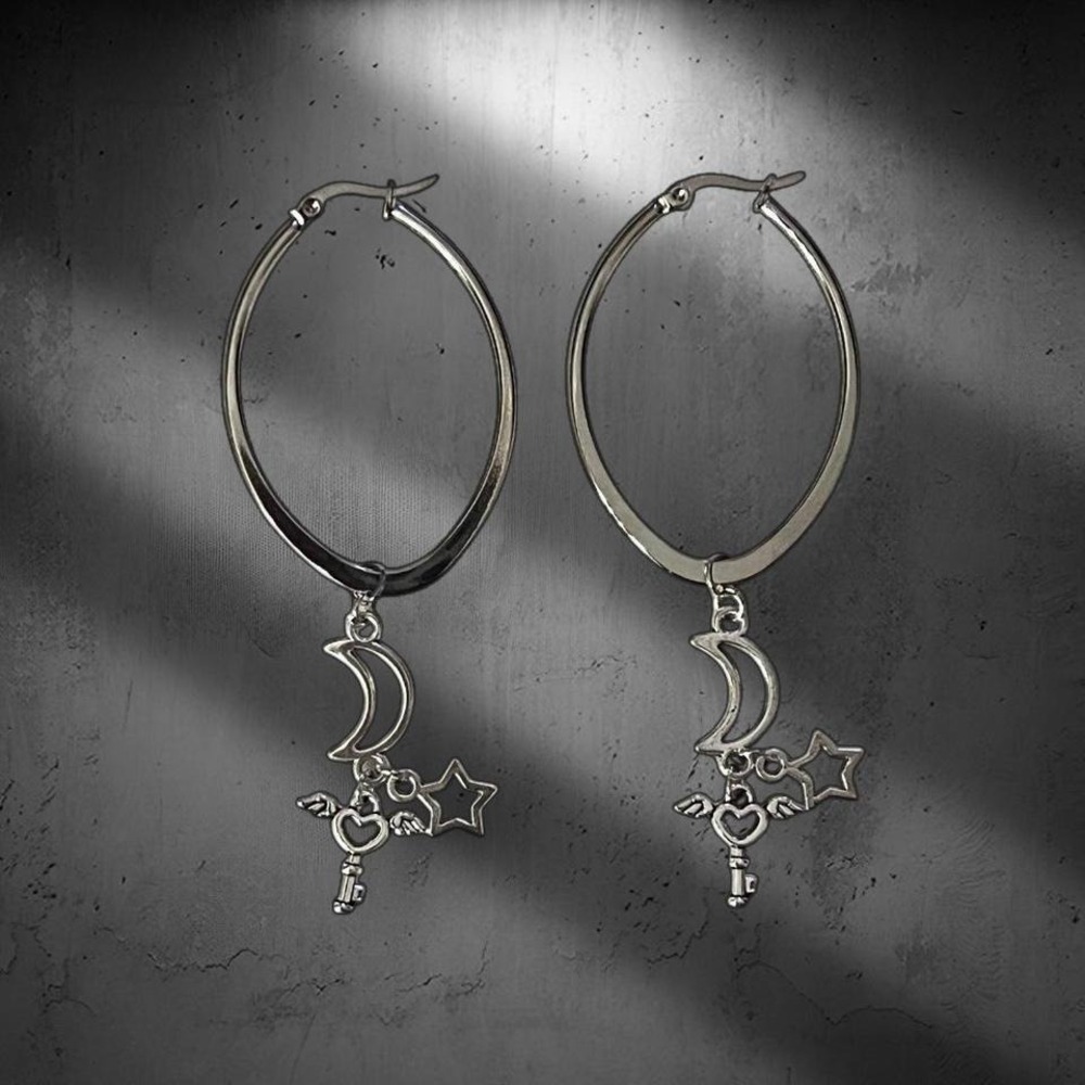 Whimsical Stainless Steel Oval Hoop Charm Earrings